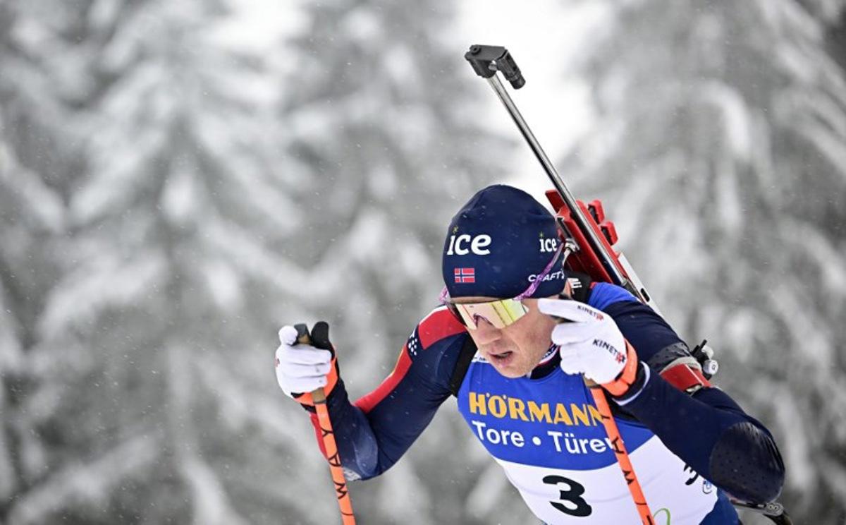 Norway's Johannes Dale-Skjevdal competes in the men's 12,5km pursuit event of the IBU Biathlon World Cup in Oberhof, eastern Germany on January 10, 2026.  Tobias SCHWARZ / AFP
