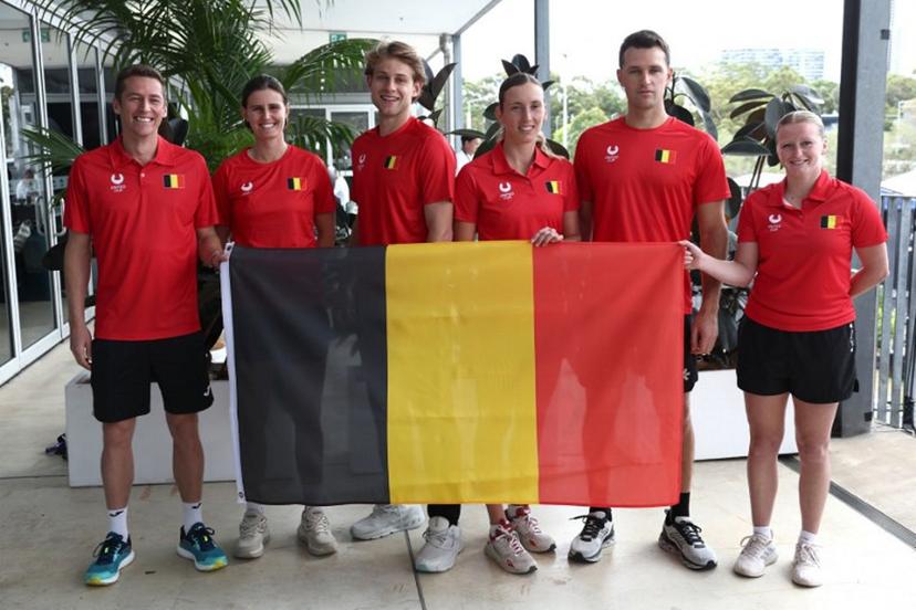 Team Belgium (L-R) Kimmer Coppejans, Greet Minnen, Zizou Bergs, Elise Mertens, Christopher Heyman and Lara Salden pose for a picture after their press conference ahead of the United Cup tennis tournament in Sydney on January 2, 2026.  Izhar KHAN / AFP
