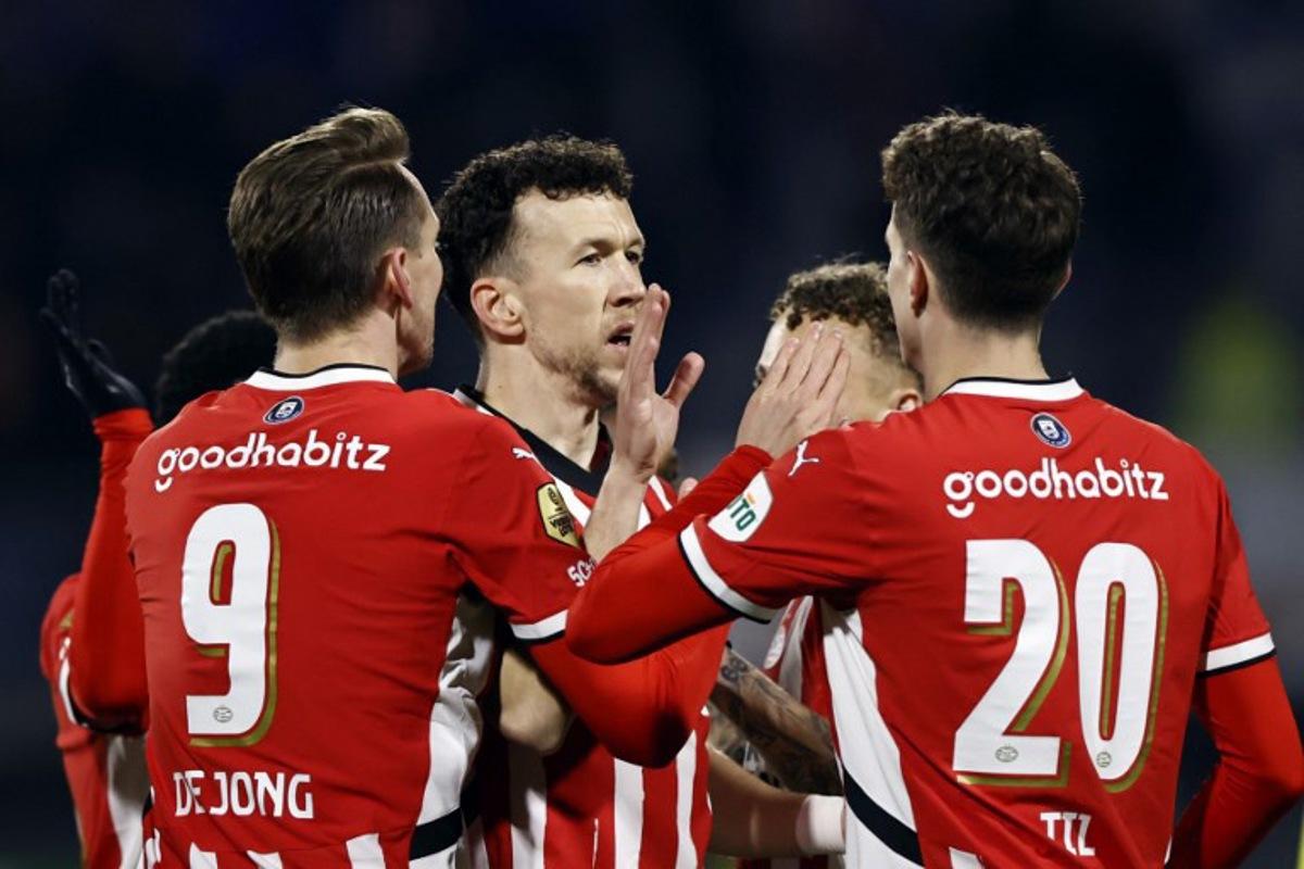 Eindhoven's Ivan Perisic reacts during the Dutch Eredivisie football match between RKC Waalwijk and PSV Eindhoven at Mandemakers Stadium in Waalwijk on March 15, 2025.  MAURICE VAN STEEN / ANP / AFP