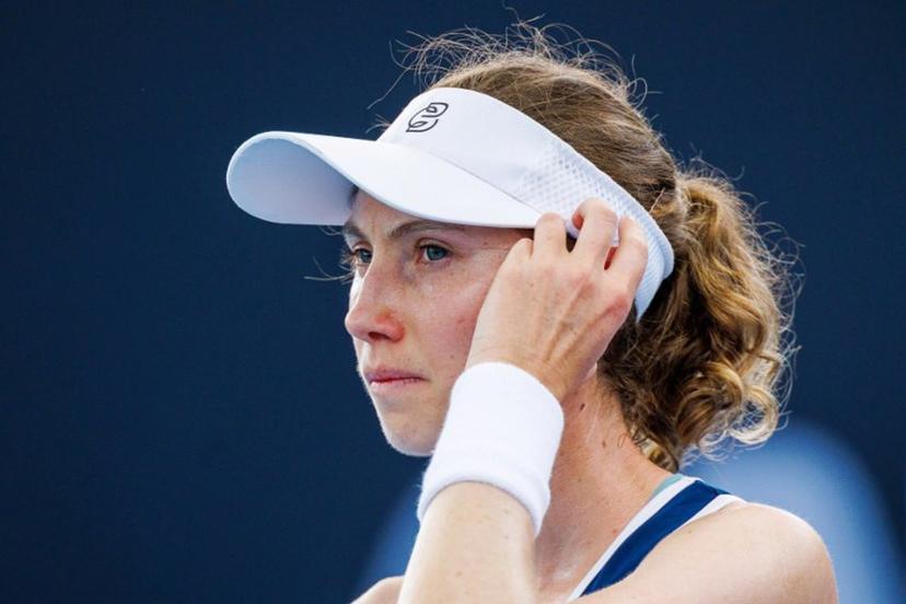 Spain's Cristina Bucsa reacts while playing against Spain's Cristina Bucsa during their women's singles match at the Brisbane International tennis tournament in Brisbane on January 5, 2026.   Patrick HAMILTON / AFP