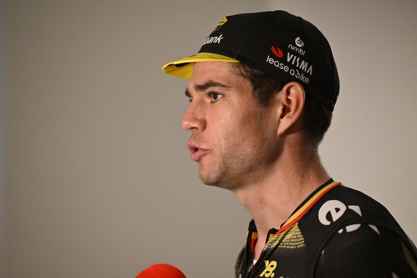 Belgian Wout van Aert of Team Visma-Lease a Bike and pictured talking to the press before the 'Natourcriterium Herentals' cycling race,  in Herentals. The contest is a part of the traditional 'criteriums', local races in which mainly cyclists who rode the Tour de France compete. BELGA PHOTO TOM GOYVAERTS