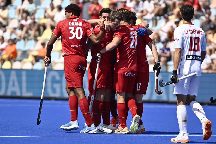 The Red Lions are pictured during a hockey game between Spain and the Belgian national team Red Lions, match 3/3 in the pool stage of the 2025 men's European championships, Tuesday 12 August 2025 in Monchengladbach, Germany.  BELGA PHOTO ERIC LALMAND