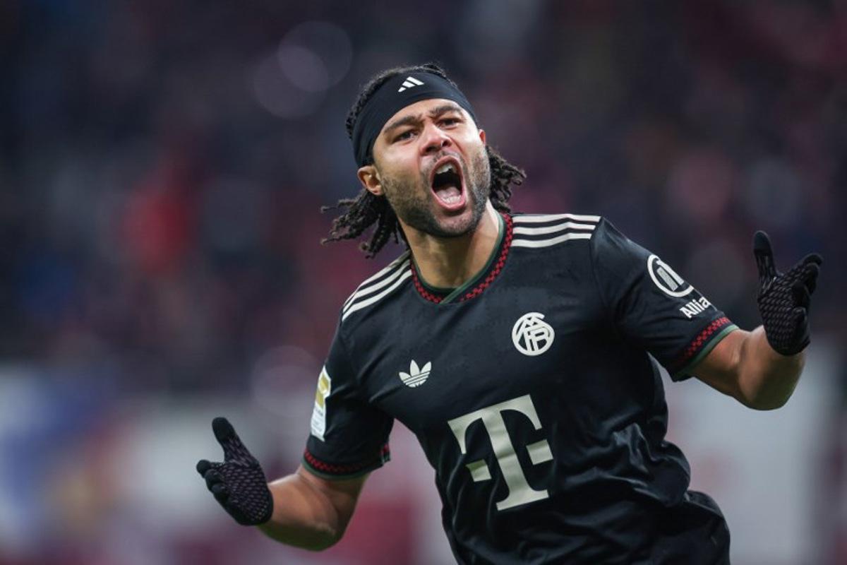Bayern Munich's German forward #07 Serge Gnabry celebrates after scoring the 1-1 goal during the German first division Bundesliga football match between RB Leipzig and FC Bayern Munich in Leipzig, eastern Germany, on January 17, 2026.  Ronny HARTMANN / AFP