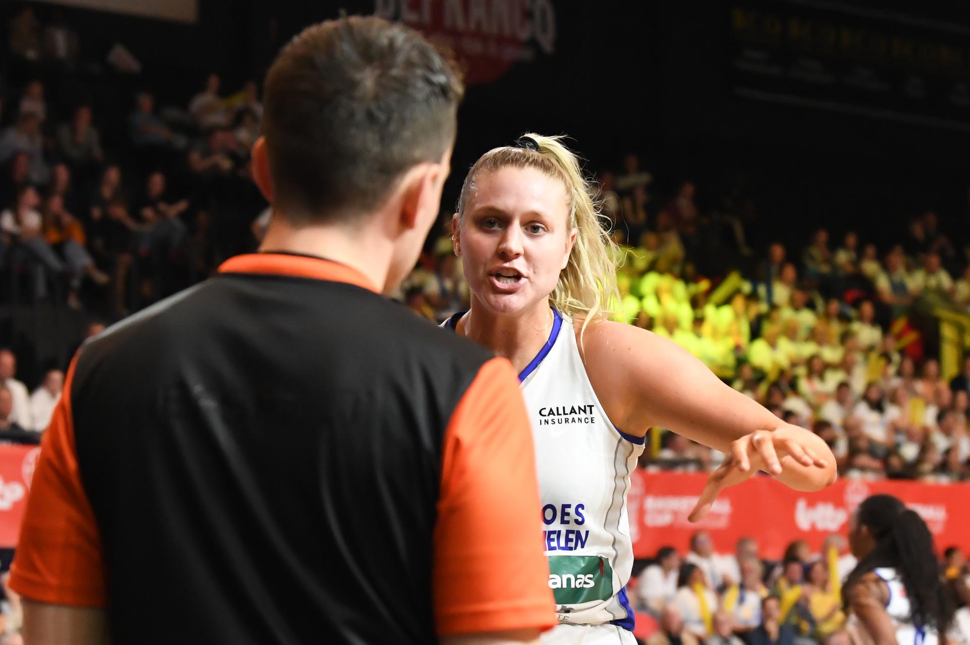 Mechelen's Cate Reese reacts during a basketball match between Kangoeroes Mechelen and Castors Braine, Saturday 08 March 2025 in Oostende, the final of the women's Belgian Basketball Cup. BELGA PHOTO JILL DELSAUX
