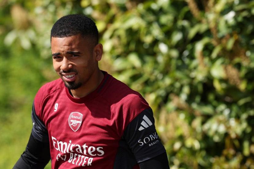 Arsenal's Brazilian striker #09 Gabriel Jesus arrives to take part in a team training session at London Colney, north of London, on April 14, 2026, on the eve of their UEFA Champions League, quarter-final, second-leg football match against Sporting Lisbon.  Adrian Dennis / AFP