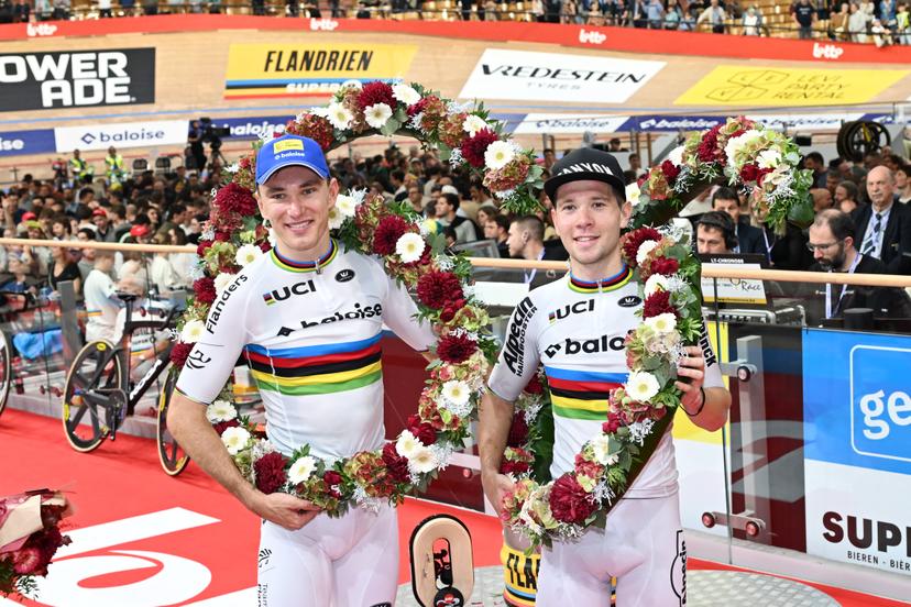 Belgian Lindsay De Vylder and Belgian Fabio Van Den Bossche pictured after winning the last day of the Zesdaagse Vlaanderen-Gent six-day indoor track cycling event at the indoor cycling arena 't Kuipke, Sunday 23 November 2025, in Gent. BELGA PHOTO MAARTEN STRAETEMANS