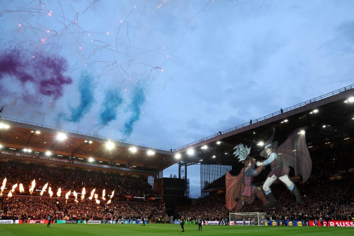 Fireworks explode ahead of the UEFA Europa League, quarter final second-leg football match between Aston Villa and Bologna at Villa Park in Birmingham, central England on April 16, 2026.  Darren Staples / AFP