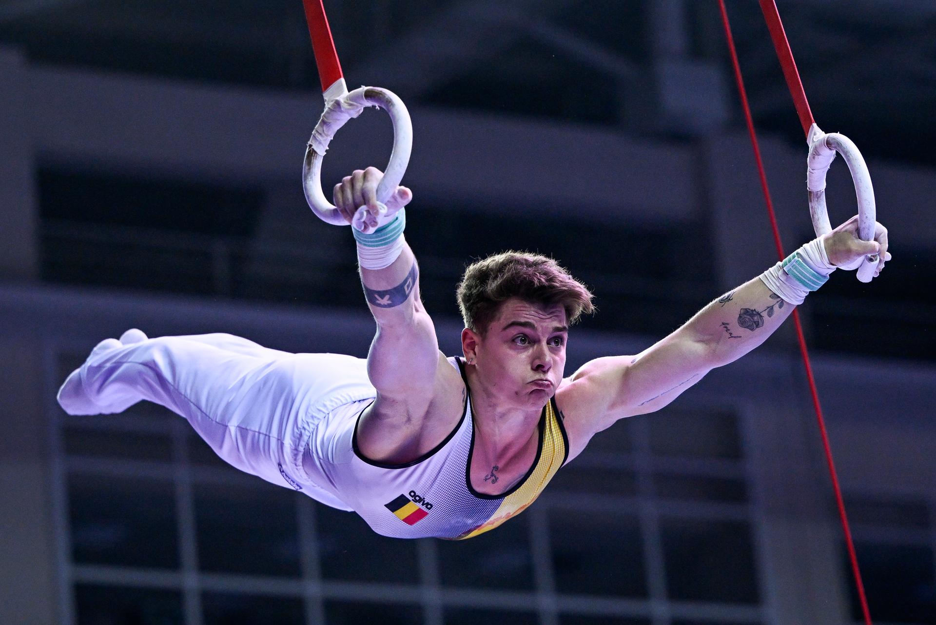 Belgian gymnast Victor Martinez Marechal pictured in action during the sixth and last rotation, the rings, in the men all around final, on the third day of the European Championships Gymanstics in Antalya, Turkey, Thursday 13 April 2023. The EC are taking place from 11 to 16 April 2023. BELGA PHOTO LAURIE DIEFFEMBACQ