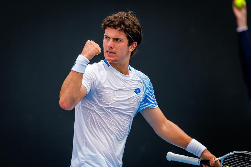 Belgium's Gilles-Arnaud Bailly pictured in action during a third round qualifying match in the men's singles against USA's Damm at the Australian Open, Melbourne Park, Melbourne on Thursday 15 January 2026.  BELGA PHOTO PATRICK HAMILTON  --- BENELUX ONLY   ---