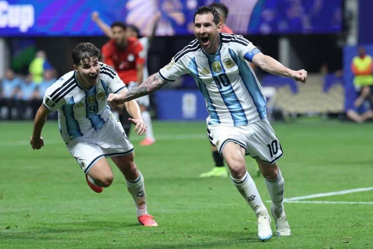 Argentina's forward #10 Lionel Messi celebrates scoring his team's second goal during the 2026 World Cup round of 16 football match between Argentina and Egypt at Atlanta Stadium in Atlanta on July 7, 2026.   Thomas COEX / AFP