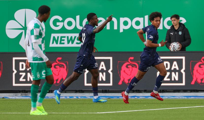 Essevee's Marley Ake celebrates after scoring during a soccer match between RAAL La Louviere and SV Zulte Waregem, Sunday 19 April 2026 in La Louviere, on the third day of the Relegation Play-offs phase of the 2025-2026 'Jupiler Pro League' first division of the Belgian championship. BELGA PHOTO VIRGINIE LEFOUR