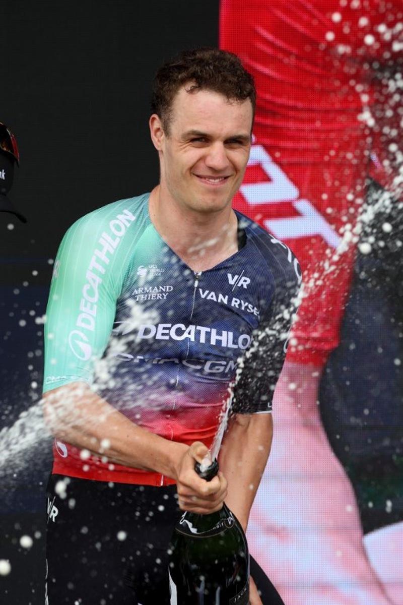 Decathlon CMA CGM Team Danish Tobias Lund Andresen celebrates winning the best young rider award in the 2026 Cadel Evans Great Ocean Men's Elite Road Race in Geelong on February 1, 2026.   CHRIS PUTNAM / AFP