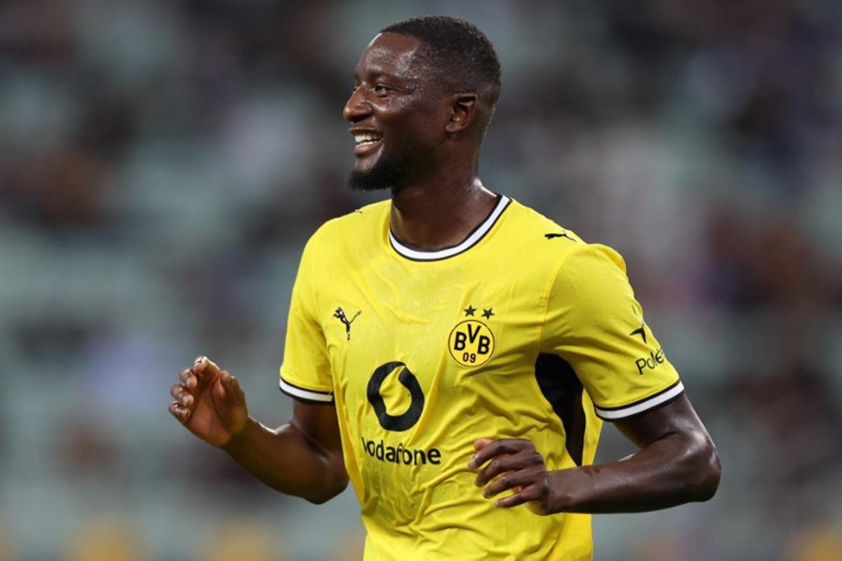 Dortmund's Guinean forward #09 Serhou Guirassy reacts during the UEFA Champions League football match between Sabah and Borussia Dortmund at the Baku Olympic Stadium in Baku on October 20, 2026.  Giorgi ARJEVANIDZE / AFP