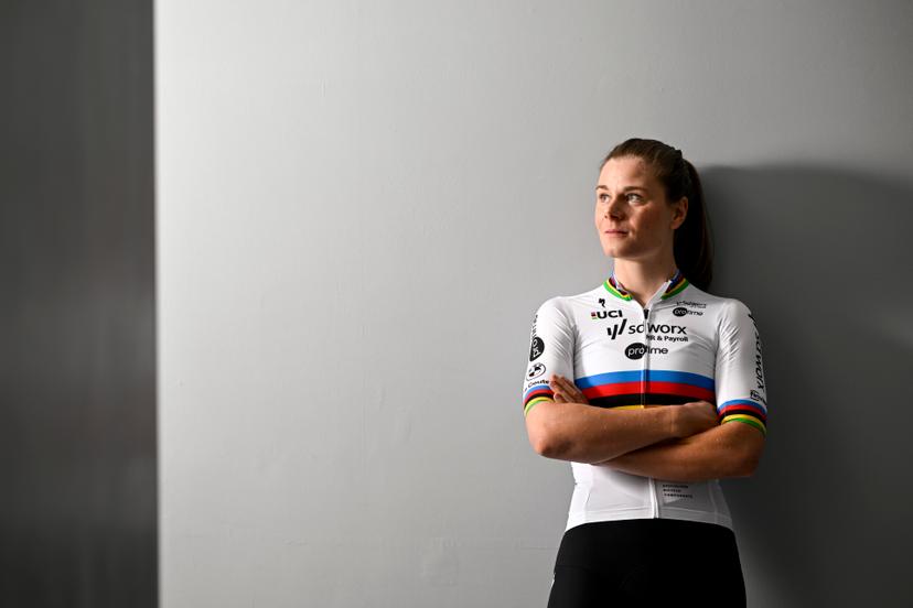 Belgian Lotte Kopecky poses for the photographer at the team presentation of the SD Worx cycling team, at the photography museum (FOMU), in Antwerp, Thursday 23 January 2025. BELGA PHOTO DIRK WAEM