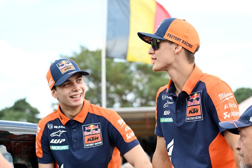 Belgian Sacha Coenen and Belgian Liam Everts pictured during the sixth stage (6 of 10) of the the Belgian Championships motocross, at Keiheuvel, in Balen, Thursday 15 August 2024. BELGA PHOTO MAARTEN STRAETEMANS