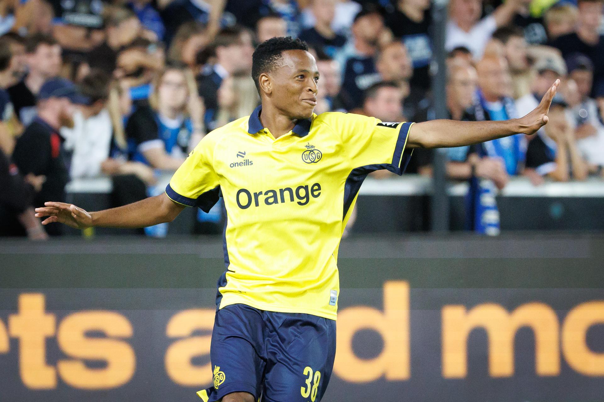 Union's Relebohile Mofokeng celebrates after scoring during a soccer match between Belgian champion Club Brugge KV and Cup winner Union Saint-Gilloise, Friday 31 July 2026 in Brussels, the 'Super Cup' where the Champion of the Jupiler Pro League meets the winner of the Croky Cup. BELGA PHOTO KURT DESPLENTER