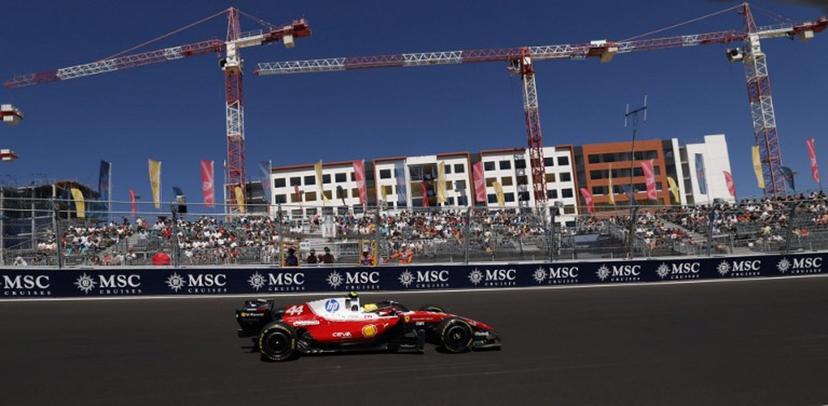 Ferrari's British driver Lewis Hamilton drives during the first practice session at the Madring circuit on September 11, 2026 in Madrid ahead of the Spanish Formula One Grand Prix.  Oscar DEL POZO / AFP