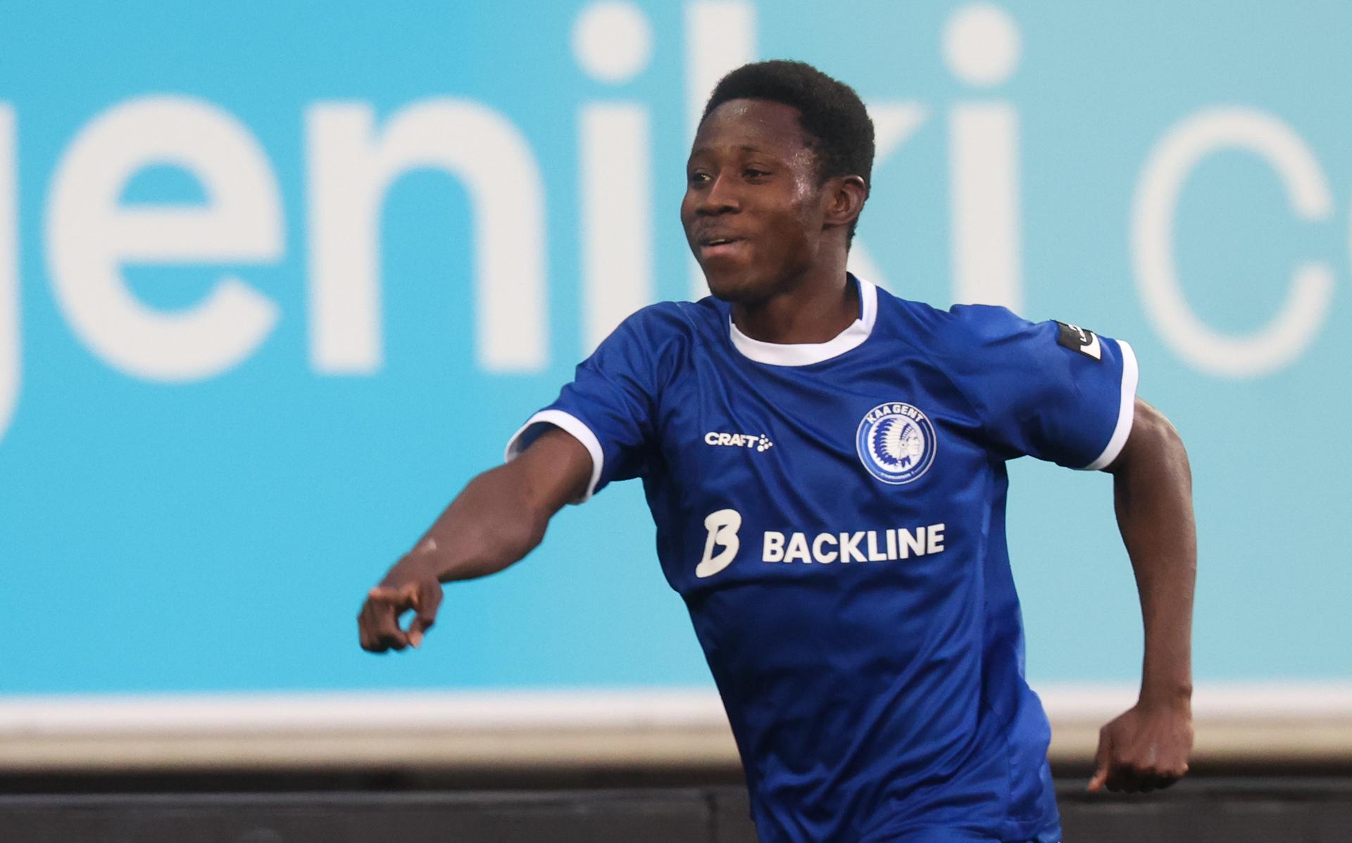 Jong Gent's El Hadji Seck celebrates after scoring during a soccer game between Jong KAA Gent and KAS Eupen, Saturday 01 November 2025 in Gent, on day 12 of the 2025-2026 'Challenger Pro League' 1B second division of the Belgian championship. BELGA PHOTO VIRGINIE LEFOUR