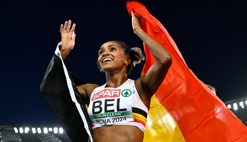 ATTENTION EDITORS - CAPTION CORRECTION - Correcting name of athlete to Naomi Van den Broeck instead of Cameron Vandenbroucke - CORRECT VERSION FOLLOWS: Belgian Naomi Van den Broeck celebrates after the women's 4x400m relay, at and  the European Championships Athletics in Rome, Italy, on Wednesday 12 June 2024. The European Athletics Championships take place from 7 to 12 June. BELGA PHOTO JASPER JACOBS