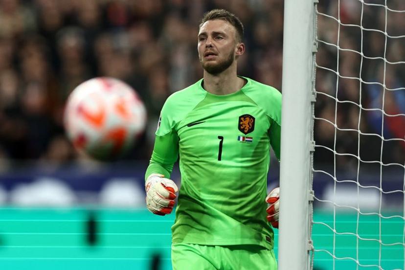 Netherlands' goalkeeper Jasper Cillessen reacts during the UEFA Euro 2024 qualification football match between France and Netherlands at the Stade de France in Saint-Denis, north of Paris, on March 24, 2023.  Anne-Christine POUJOULAT / AFP