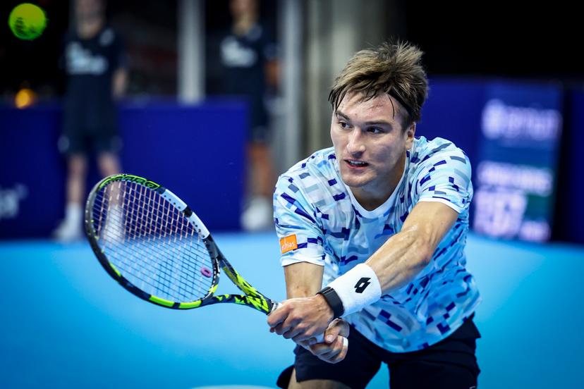 Belgian Raphael Collignon pictured in action during a tennis match in the round of 32 of the singles competition at the ATP European Open Tennis tournament in Antwerp, Monday 14 October 2024. BELGA PHOTO DAVID PINTENS