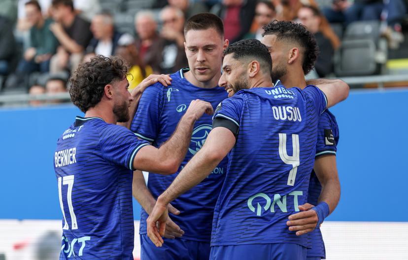 Charleroi's Aurelien Scheidler celebrates after scoring during a soccer match between Oud-Heverlee Leuven and Sporting Charleroi, Saturday 25 April 2026 in Leuven, on day 5 of the Europe Play-offs (PO2) of the 2025-2026 'Jupiler Pro League' first division of the Belgian championship. BELGA PHOTO VIRGINIE LEFOUR