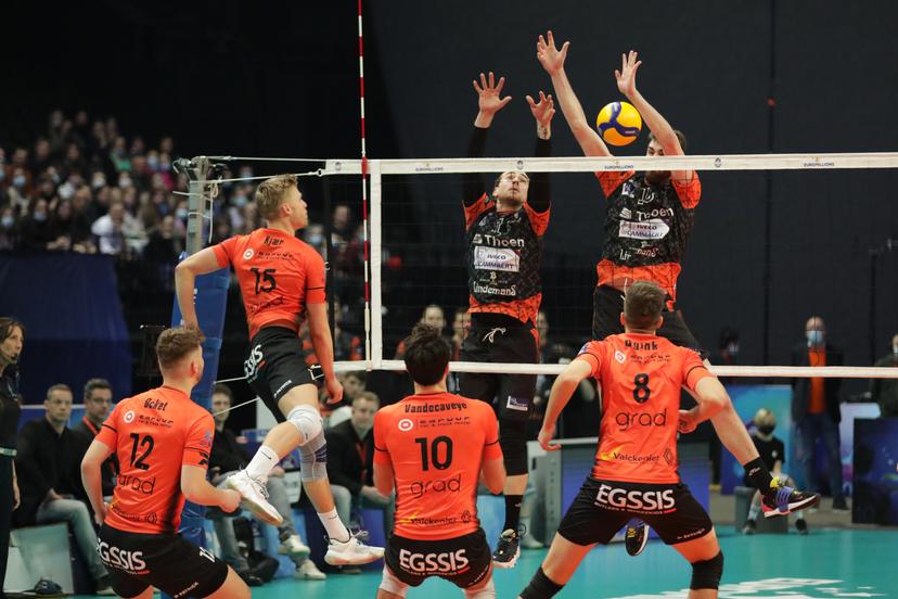 Gent's Kjaer Hougs Tobias pictured during the match between Caruur Volley Gent and Lindemans Aalst, the final match in the men Belgian volleyball cup competition, Sunday 27 February 2022 in Merksem, Antwerp. BELGA PHOTO MARIJN DE KEYZER