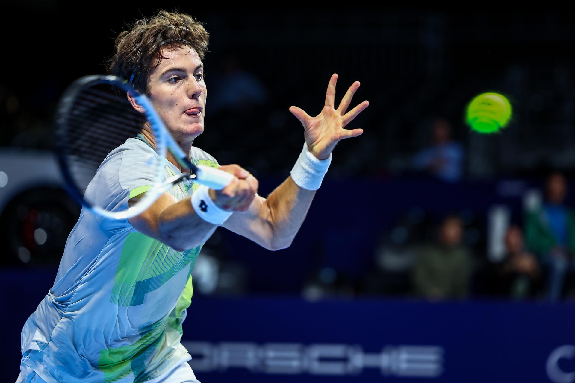 Belgian Gilles-Arnaud Bailly pictured in action during the European Open ATP tennis tournament in Brussels, on Monday 13 October 2025. This year's edition of the tournament is taking place from 12 to 19 October 2025. BELGA PHOTO DAVID PINTENS