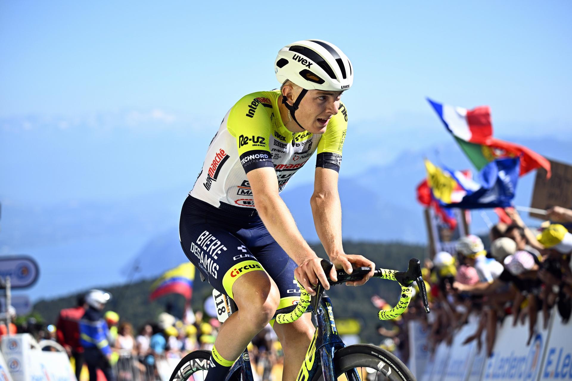 German Georg Zimmermann of Intermarche- Circus- Wanty crosses the finish line of stage 13 of the Tour de France cycling race, from Chatillon-sur-Chalaronne to Grand Colombier (137,8 km), France, Friday 14 July 2023. This year's Tour de France takes place from 01 to 23 July 2023. BELGA PHOTO JASPER JACOBS