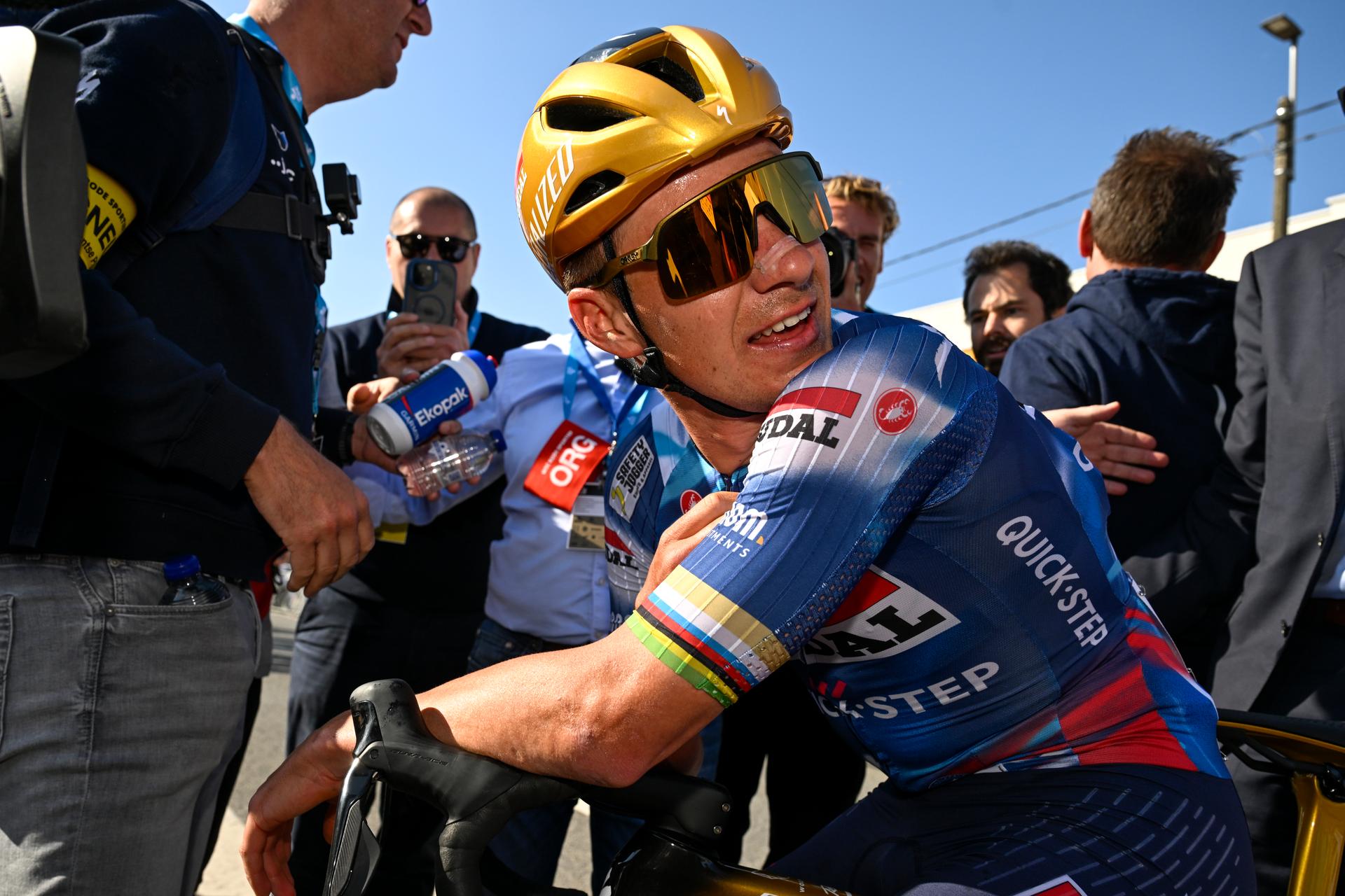 Belgian Remco Evenepoel of Soudal Quick-Step celebrates after winning the men's 'Brabantse Pijl' one day cycling race, 162,5km from Huizingen, Beersel to Overijse on Friday 18 April 2025. BELGA PHOTO TOM GOYVAERTS