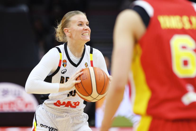 Belgium's Julie Vanloo fights for the ball during a basket game between China and Belgium's national team Belgian Cats, in Wuhan, China, on Thursday 12 March 2026, the second game (out of 5) of the qualifications phase for the World Cup Basket tournament. BELGA PHOTO NIKOLA KRSTIC