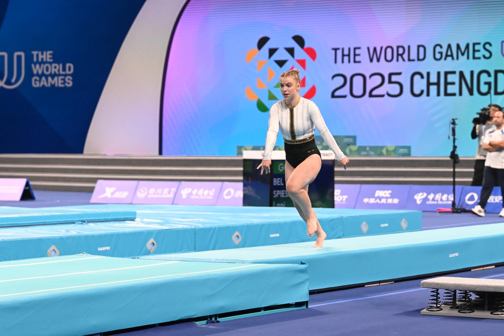 ATTENTION EDITORS - HANDOUT PICTURE - EDITORIAL USE ONLY - MANDATORY CREDIT BOIC - COIB   -  Lani Spiessens tumbling during the World Games 2025, in Chenghdu, China, on Saturday 9 August 2025. This year, the World Games take place from 07 to 17 augustus. PHOTO HANDOUT BOIC - COIB
