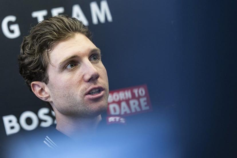 Tudor Pro Cycling Team's Swiss rider Marc Hirschi delivers remarks during a press conference ahead of the 2025 Tour de France cycling race, in Noyelles-Godault, near Lens, northern France on July 3, 2025.  Sameer Al-DOUMY / AFP