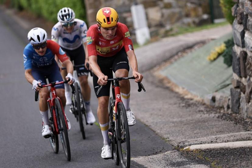 Uno-X Mobility's Danish rider Anthon Charmig leads a breakaway during the 2nd stage of the Tour Auvergne-Rhone-Alpes cycling race (formerly known as the Criterium du Dauphine), 234,3km between Saint-Martin-Le-Vinoux in the French Alps and Le Puy-en-Velay near the Massif Central, on June 8, 2026. Anne-Christine POUJOULAT / AFP