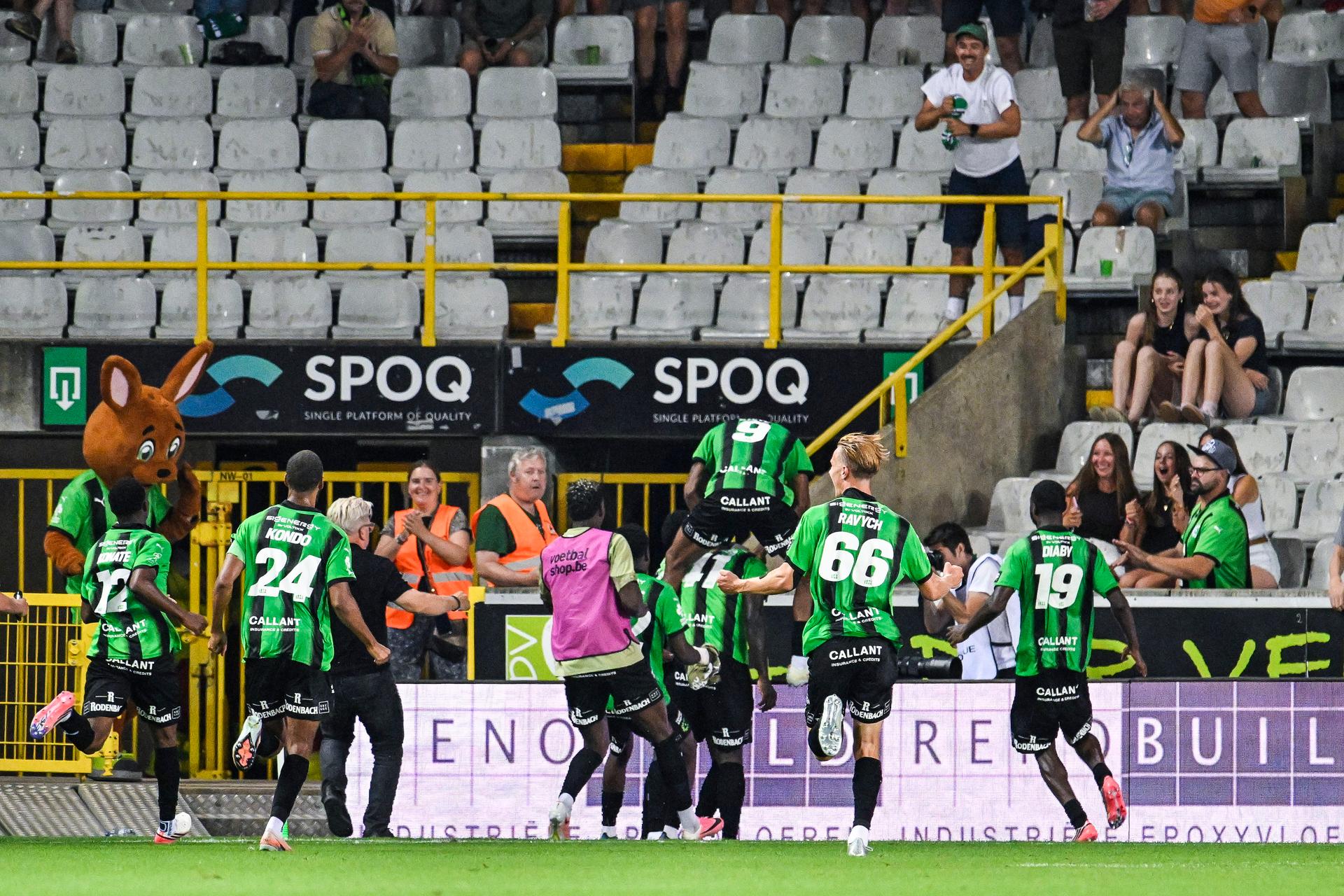 Cercle's Krys Kouassi celebrates after scoring during a soccer match between Cercle Brugge and STVV, Friday 14 August 2026 in Brugge, on day 2 of the 2026-2027 'Jupiler Pro League' first division of the Belgian championship. BELGA PHOTO TOM GOYVAERTS