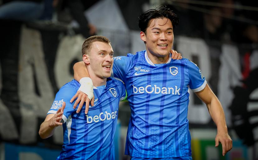 Genk's Bryan Heynen celebrates after scoring during a soccer match between Sporting Charleroi and KRC Genk, Friday 19 December 2025 in Charleroi, on day 19 of the 2025-2026 'Jupiler Pro League' first division of the Belgian championship. BELGA PHOTO VIRGINIE LEFOUR