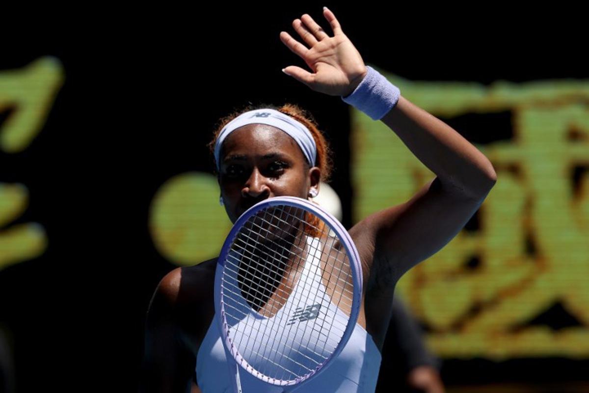 USA's Coco Gauff celebrates victory over Uzbekistan's Kamilla Rakhimova during their women's singles match on day two of the Australian Open tennis tournament in Melbourne on January 19, 2026.  DAVID GRAY / AFP