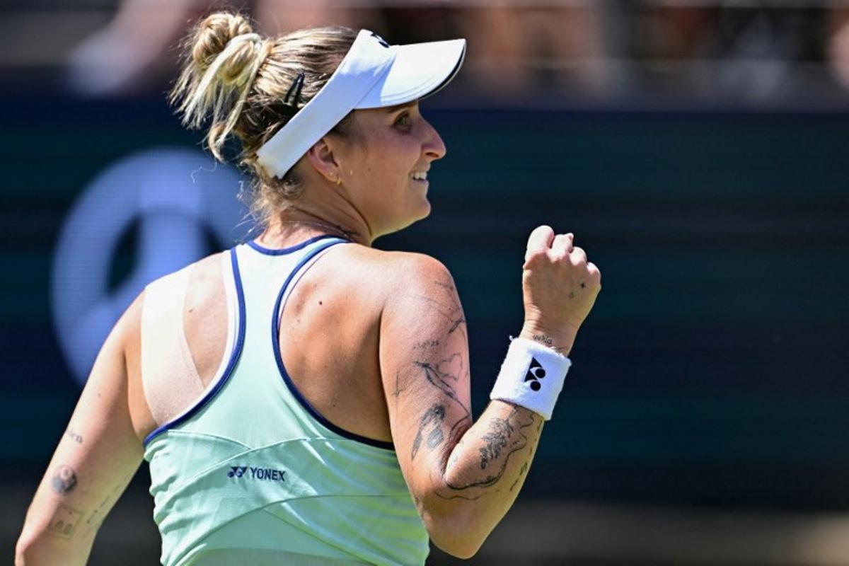 Czech Republic's Marketa Vondrousova reacts during the semi-final match at the WTA tennis tournament in Berlin on June 21, 2025.  Tobias SCHWARZ / AFP