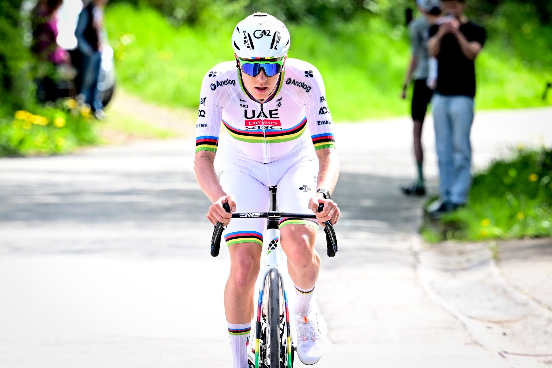Slovenian Tadej Pogacar of UAE Team Emirates pictured in action during the men elite race of the Liege-Bastogne-Liege one day cycling event, 252km from Liege, over Bastogne to Liege, Sunday 27 April 2025. BELGA PHOTO MAARTEN STRAETEMANS