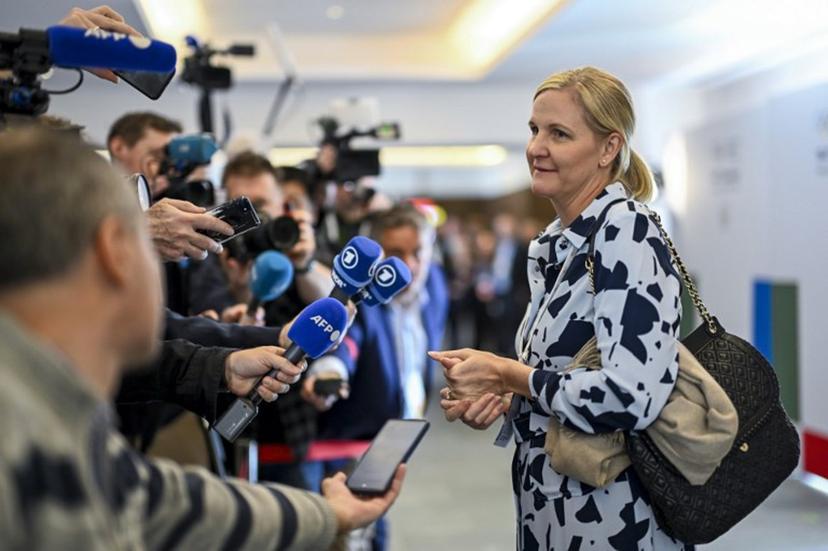 Candidate to the presidency of the International Olympic Committee (IOC) Kirsty Coventry speaks to the press during the 144th IOC Session in Costa Navarino, Greece, where the next IOC President will be elected, on March 19, 2025.  The election between seven canditates will take place on March 20, 2025. Fabrice COFFRINI / AFP