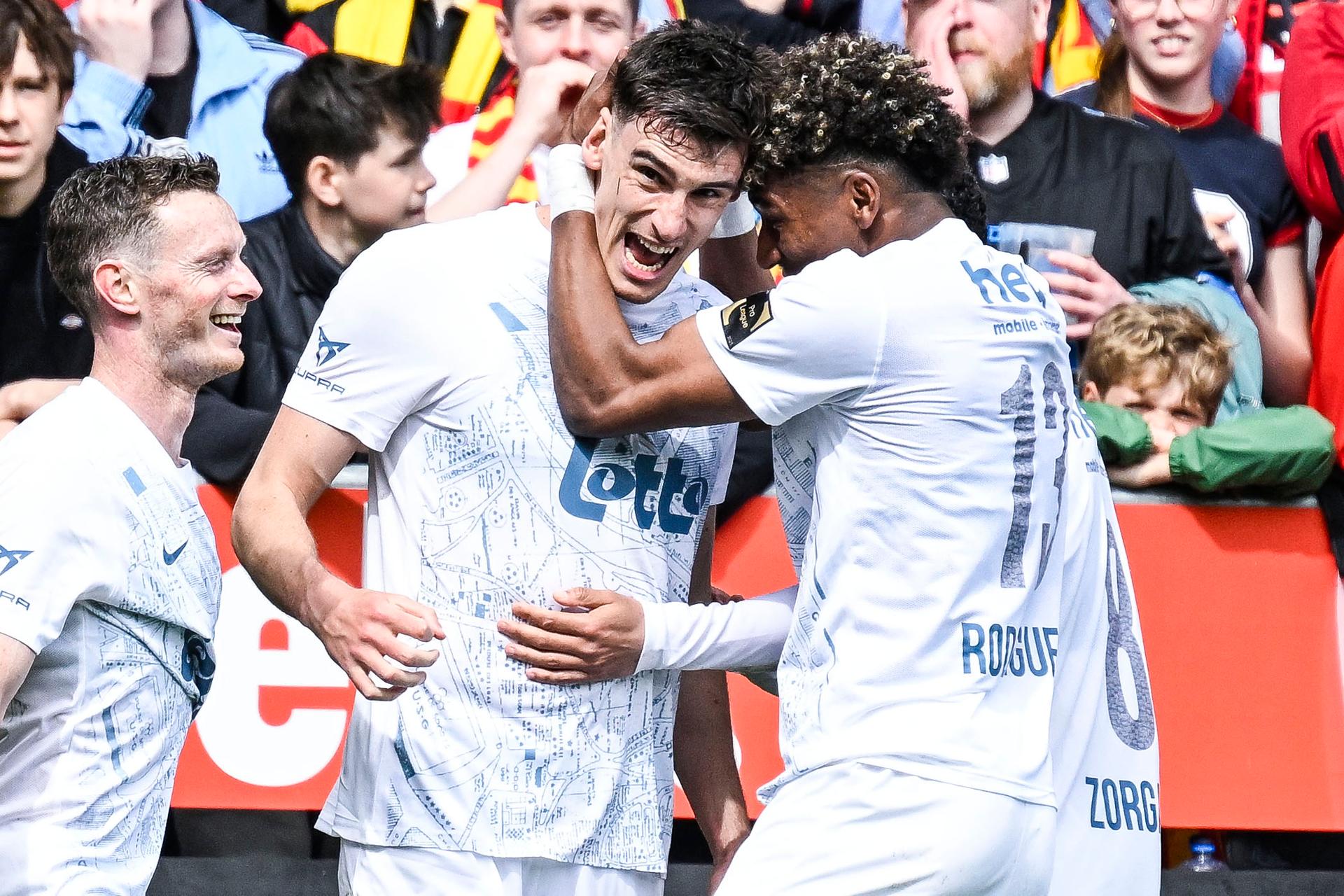 Union's Ross Sykes celebrates after scoring during a soccer match between KV Mechelen and Royale Union Saint-Gilloise, Sunday 12 April 2026 in Brussels, on the second day of the Champion's Play-offs (PO1) of the 2025-2026 'Jupiler Pro League' first division of the Belgian championship. BELGA PHOTO TOM GOYVAERTS