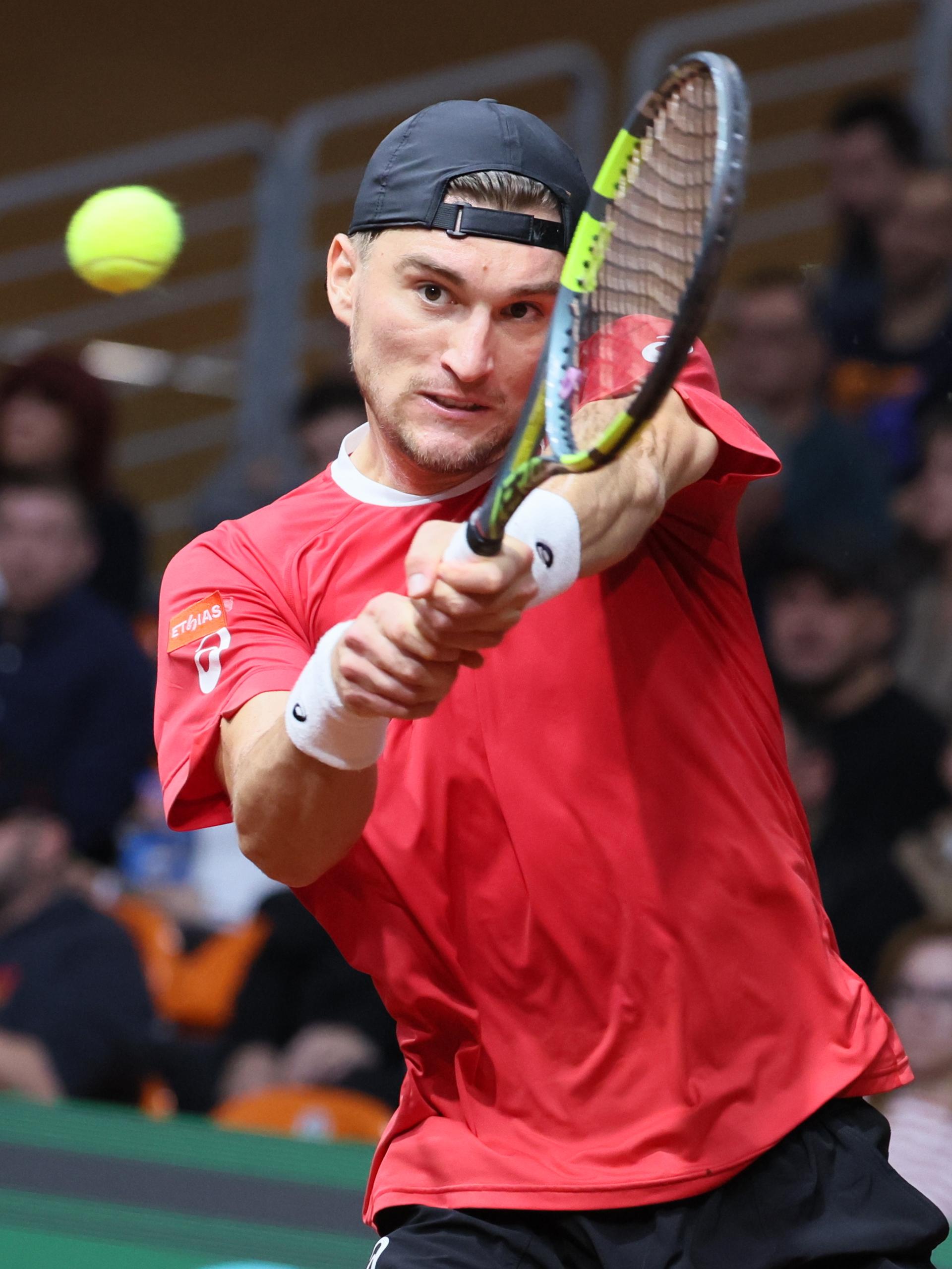 Belgian Raphael Collignon pictured in action during a tennis match against Bulgarian Vasilev, during the qualifier of the Davis Cup on Saturday 07 February 2026, in Plovdiv, Bulgaria. Belgium will compete this weekend in the Davis Cup qualifiers against Bulgaria. BELGA PHOTO BENOIT DOPPAGNE