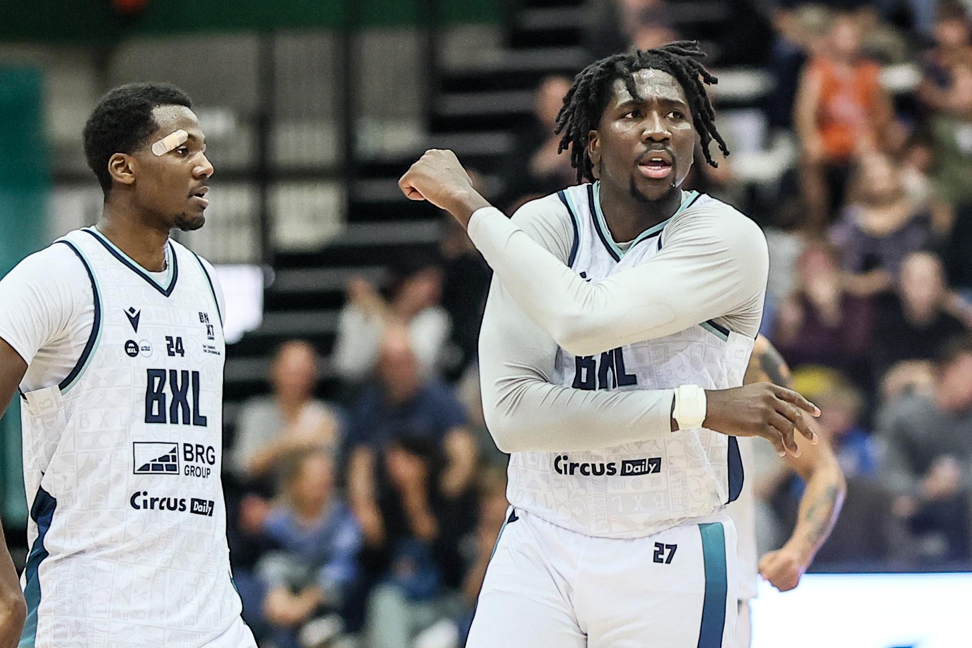 Brussels' Jared Ambrose celebrates during a basketball match between Brussels Basketball and Spirou Charleroi, Friday 14 November 2025 in Brussels, on day 8 of the 'BNXT League' Belgian/ Dutch first division basket championship. BELGA PHOTO BRUNO FAHY
