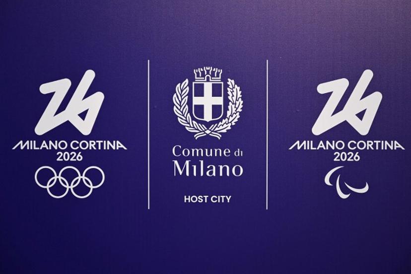 This photograph shows a board bearing the logo of the Winter Olympic and Paralympic Games "Milano Cortina 2026" with the coat of arms of Milan (C), in Milan, on February 6, 2025. The Italian Winter Olympic and Paralympic Games Milano Cortina 2026. Winter Olympic Games will take place from February 6 to 22 and Winter Paralympic Games from March 6 to 22. MARCO BERTORELLO / AFP
