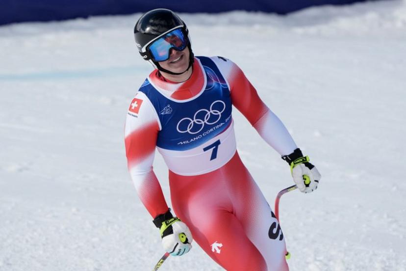 Switzerland's Franjo von Allmen reacts in the finish area of the men's super-G alpine skiing event during the Milano Cortina 2026 Winter Olympic Games at the Stelvio Ski Centre in Bormio (Valtellina) on February 11, 2026.  Dimitar DILKOFF / AFP