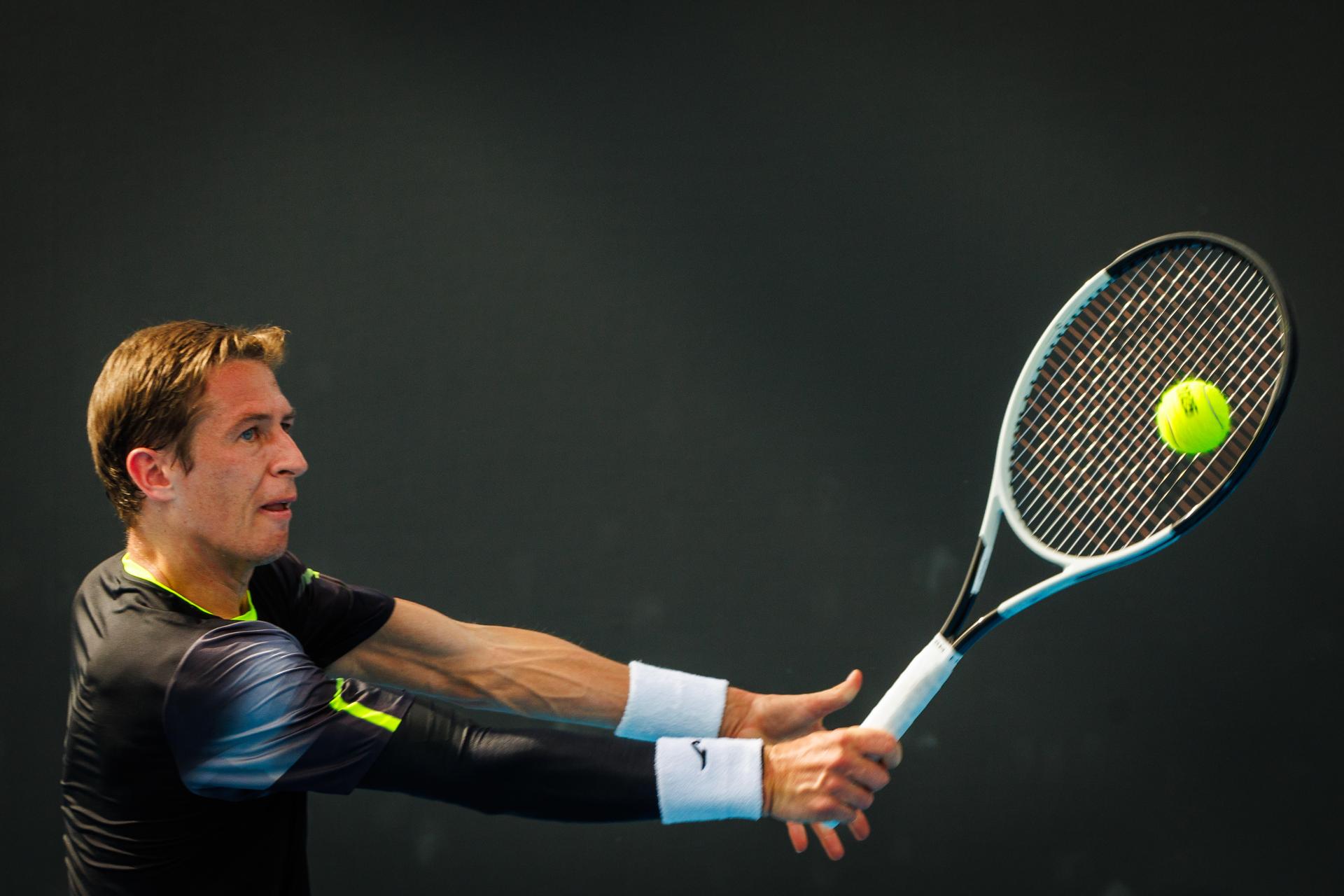 Belgian Kimmer Coppejans pictured in action during a tennis match against Monegasque Vacherot, in the third round of the qualifiers for the men's singles tournament, at the 'Australian Open' Grand Slam tennis tournament, Thursday 09 January 2025 in Melbourne Park, Melbourne, Australia. The 2024 edition of the Australian Grand Slam takes place from January 14th to January 28th. BELGA PHOTO PATRICK HAMILTON