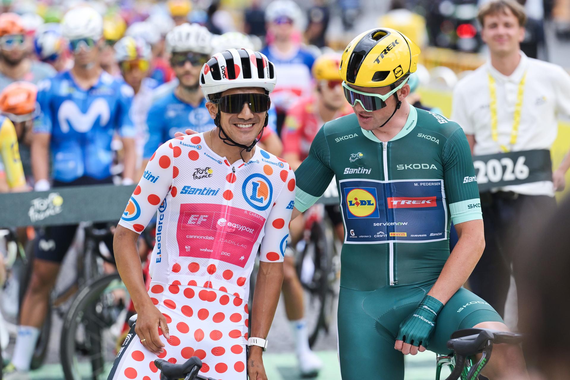 Ecuadorian Richard Carapaz of EF Education-EasyPost and Danish Mads Pedersen of Lidl-Trek pictured at the start of stage 21 of the 2026 Tour de France cycling race, a stage of 130km from Thoiry to Paris Champs-Elysees , on Sunday 26 July 2026. The 113th edition of the Tour de France starts on Saturday 4 July in Barcelona, Spain, and will finish in Paris, France on the 26th of July. BELGA PHOTO DAVID PINTENS