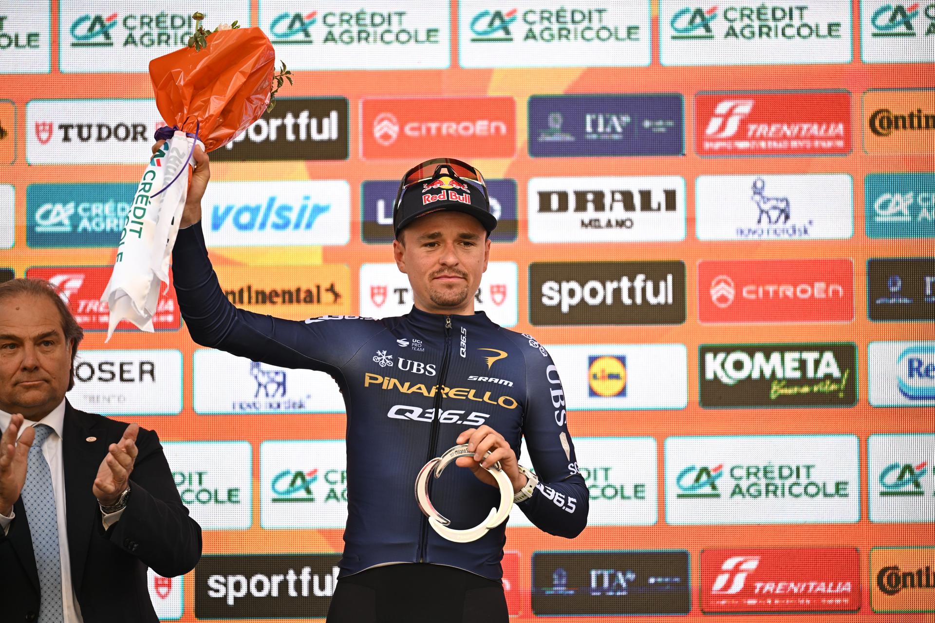 British Tom Pidcock of Pinarello Q36.5 Pro Cycling Team pictured on the podium after the 'Milano-Sanremo' one day cycling race for men, 298km from Milan to San Remo, Italy, Saturday 21 March 2026. BELGA PHOTO DAVID PINTENS