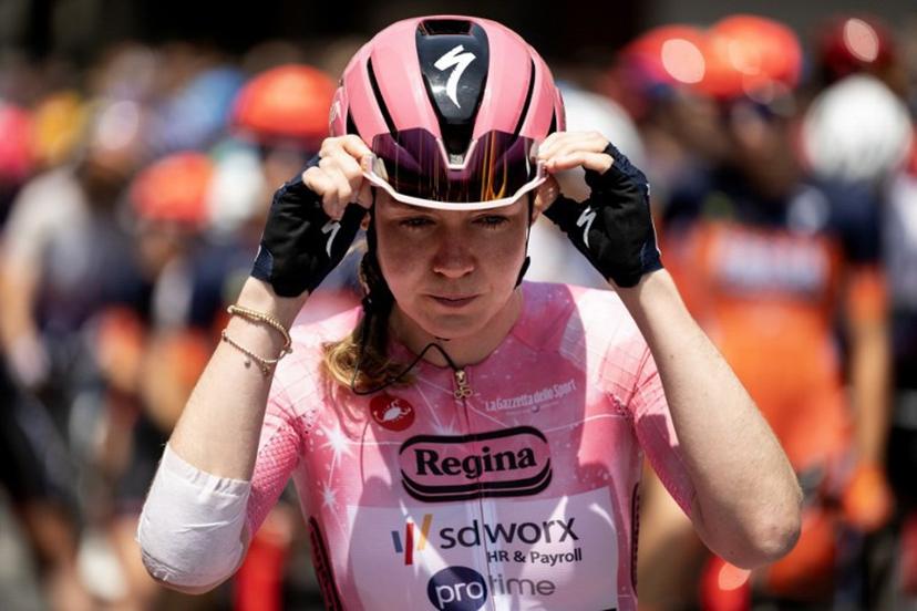 SD Worx-Protime's Dutch cyclist Anna van der Breggen, wearing the overall leader's pink jersey (Maglia Rosa), waits at the start of the 9th stage of the Giro d'Italia Women 2026 between Saluzzo and Saluzzo in Saluzzo, southeastern France, on June 7, 2026.  MARCO BERTORELLO / AFP