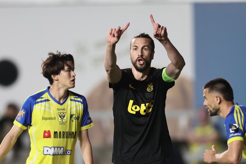 Union's Christian Burgess reacts during a soccer match between Sint-Truiden VV and Royale Union Saint-Gilloise, Saturday 02 May 2026 in Sint-Truiden, on the sixth day of the Champion's Play-offs of the 2025-2026 'Jupiler Pro League' first division of the Belgian championship. BELGA PHOTO BRUNO FAHY